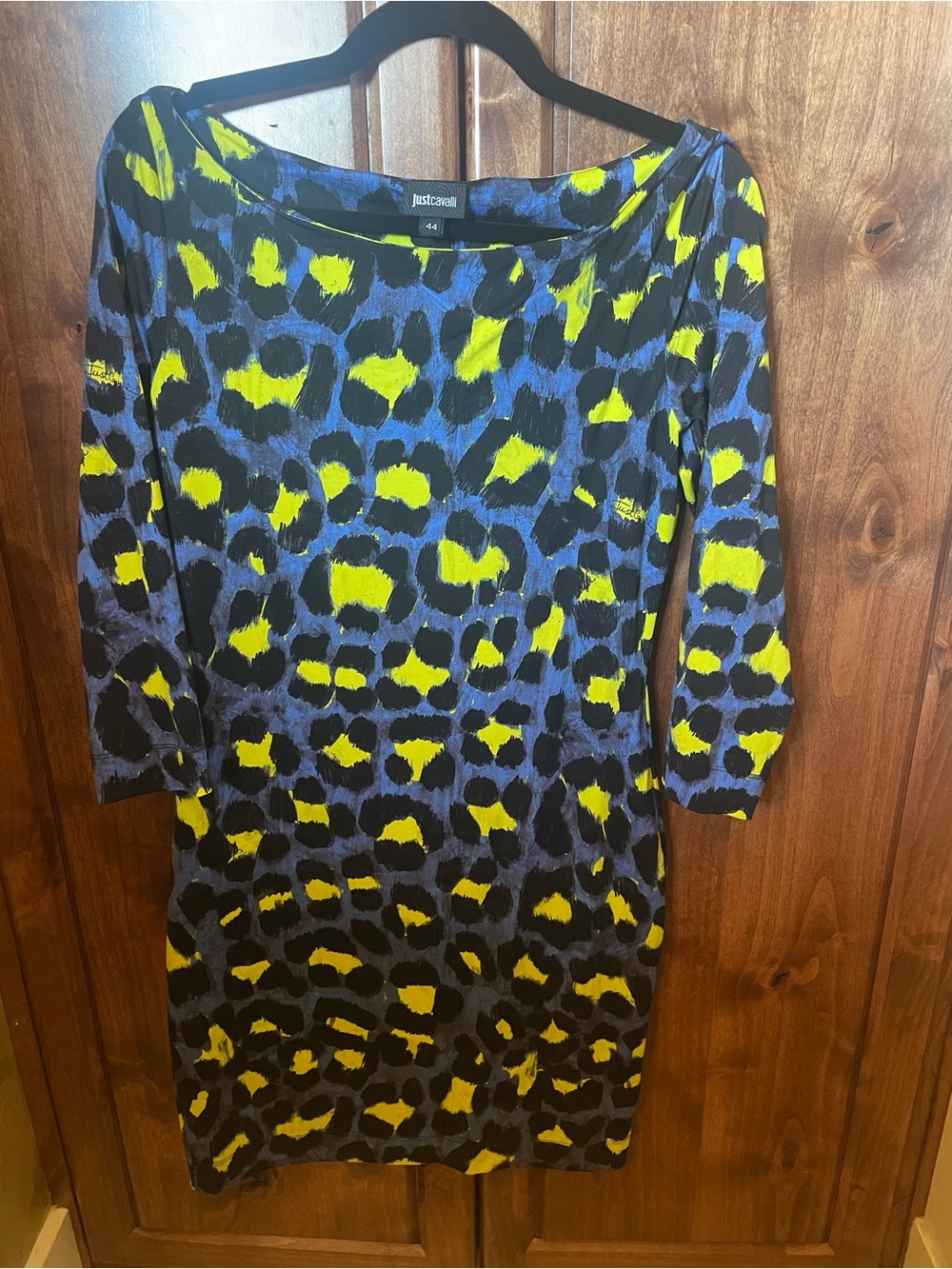 Just Cavalli Blue and Yellow Animal-Print Long Sleeve Dress